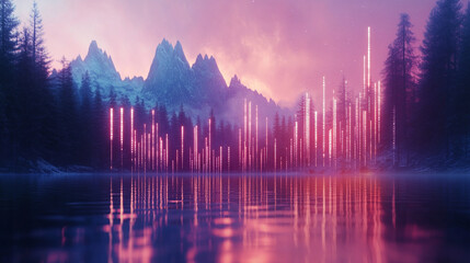 The reflection of mountains in a crystal-clear lake at dawn blending nature's serenity with modern technology through a blurred digital device showing growth trends with empty caption space for text

