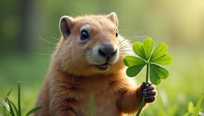 Adorable Groundhog Holding Lucky Clover in Green Grass