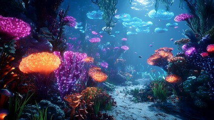 Fototapeta premium Bioluminescent Underwater Forest with Glowing Coral and Jellyfish