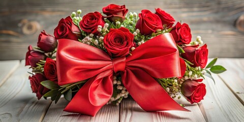 A beautiful red bow tied around a Valentine's Day bouquet of flowers, valentine's day flowers, love gift idea