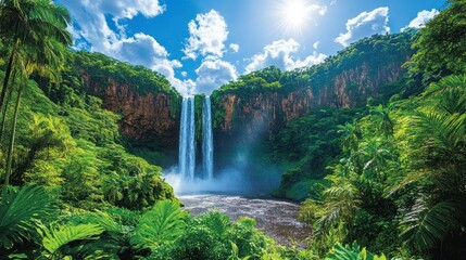 Fototapeta premium Tropical Waterfall, Lush Jungle, Sunny Sky, Travel Poster