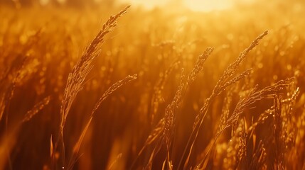 Obraz premium Rice growing in the fields, close-up of rice grains, a farmhouse harvest scene in China, warm colors, rice ears swaying in the wind, clear details.