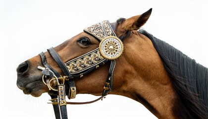 Elegant brown horse with ornate bridle.