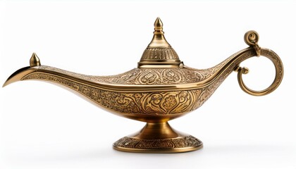 Ornate genie lamp, gold, detailed carvings.