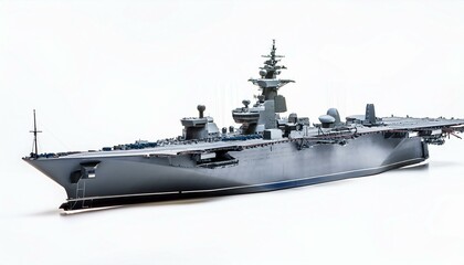 Gray aircraft carrier model on white background.