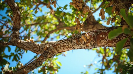 Branches of a tree heavy with peanuts in a plantation, clear sky overhead