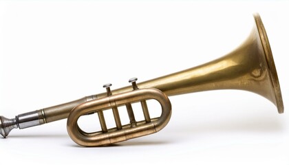 Obraz premium Antique brass trumpet rests gently on a white background.