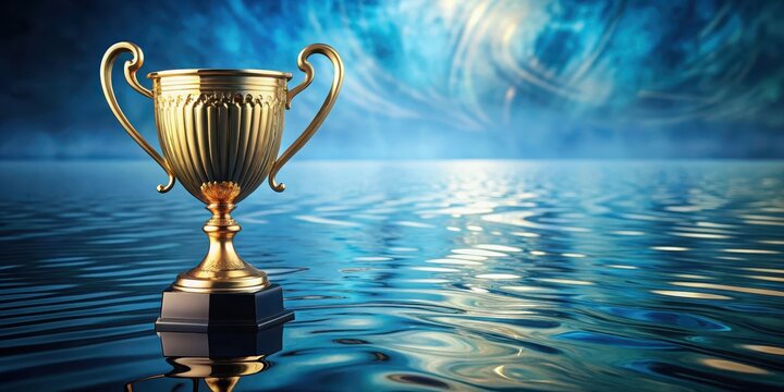 A golden trophy with intricate designs resting on a serene blue background with subtle ripples, evoking a sense of triumph and achievement , golden trophy, blue background