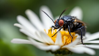 Macro Photography of a Fly on a Daisy