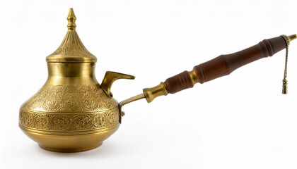 Ornate brass coffee pot with wooden handle