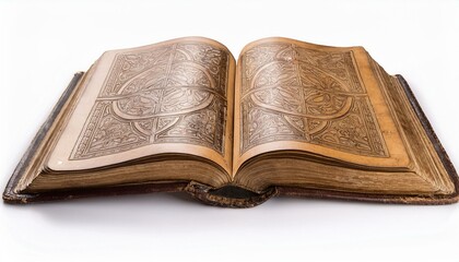 Fototapeta premium Antique book with intricate detailing lies open, revealing aged pages and a rich leather cover.