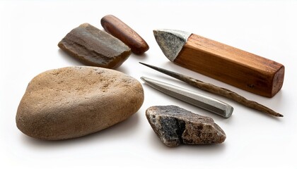 Fototapeta premium Ancient tools and stones on white background.