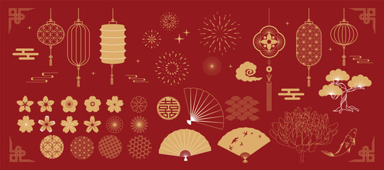 Elements Asian new year gold decorative patterns and lanterns, flowers, clouds and ornaments traditional oriental style vector set. Asian Japanese oriental elements to holiday illustration