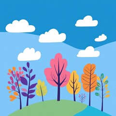 Obraz premium Colorful Trees on a Hill Under a Blue Sky