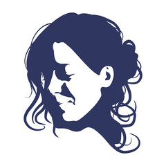 Young woman face half turn view in low key style. Elegant silhouette of a female head. Portrait of a happy smiled woman