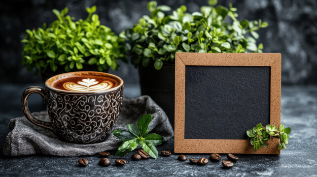 Latte art coffee cup with an empty menu frame with green plants arrange on a cafe marble counter - Powered by Adobe