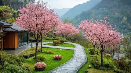 Serene Cherry Blossom Garden in Mountainous Landscape