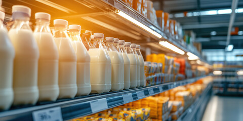 Milk bottles on shelves in grocery store aisle under bright lighting