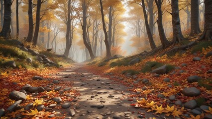 Fototapeta premium Leaf scattered forest path with fallen leaves, reds and yellows, golden hues, forest
