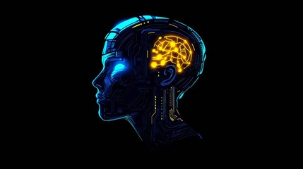 Fototapeta premium Side view of a humanoid head with blue and yellow eyes and vibrant neon neural network, representing futuristic technology and artificial intelligence. Generative AI
