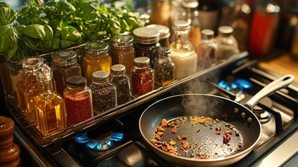 Cooking spices, oil, and food in pan on stove.