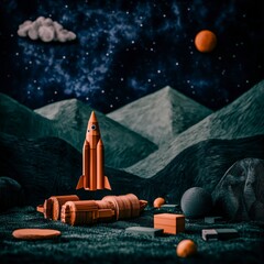 Naklejka premium Paper Art Rocket Launch Night Sky Lunar Landscape Space Exploration
