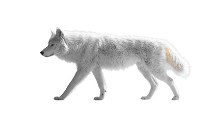 A white wolf is walking on a white background. The wolf has a brown tail. The image has a calm and peaceful mood