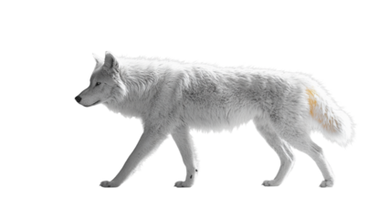 A white wolf is walking on a white background. The wolf has a brown tail. The image has a calm and peaceful mood