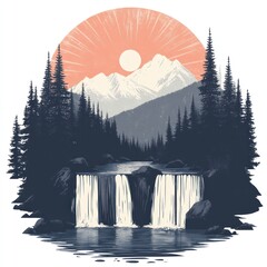 Serene Waterfall Mountain Landscape Sunset Scene