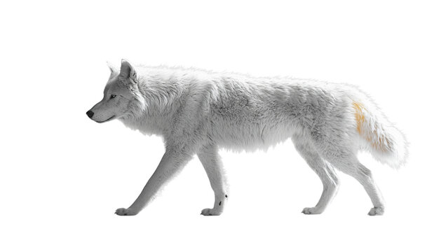 A white wolf is walking on a white background. The wolf has a brown tail. The image has a calm and peaceful mood
