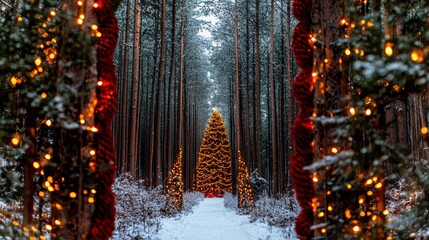 Obraz premium Magical Snowy Forest Path Christmas Tree Winter Wonderland Lights