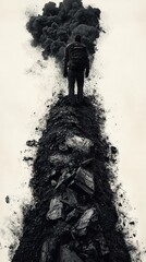 Fototapeta premium A lone figure stands on a coal pile, dark smoke billowing in the background. Environmental crisis concept.