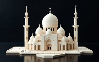 Obraz premium White mosque architectural model on black background.