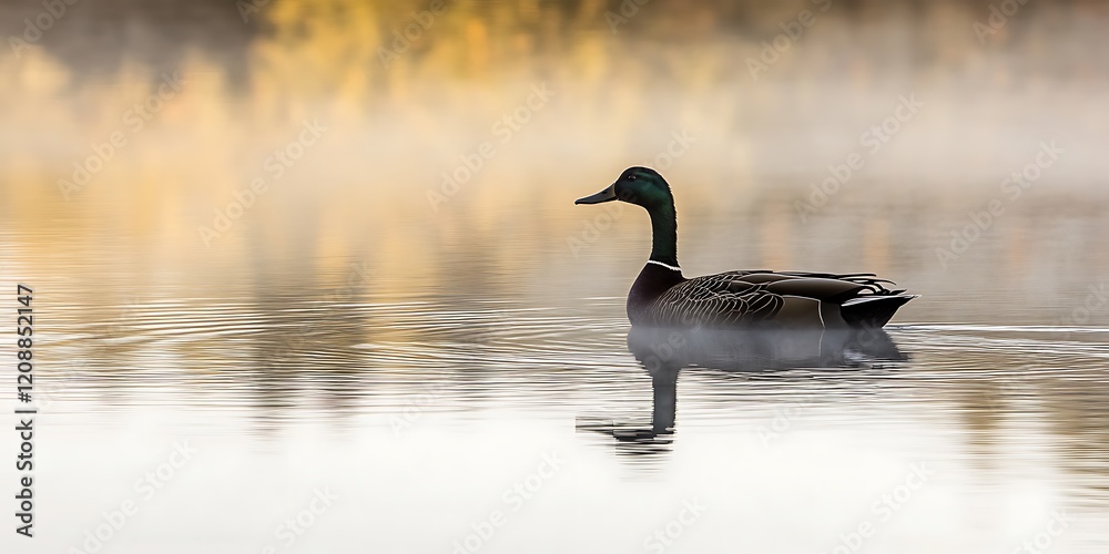 Poster Mallard duck swimming in misty lake at sunrise.