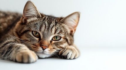 Portrait of a Curious Tabby Cat Adorable Feline with Striking Eyes, Isolated on White Background