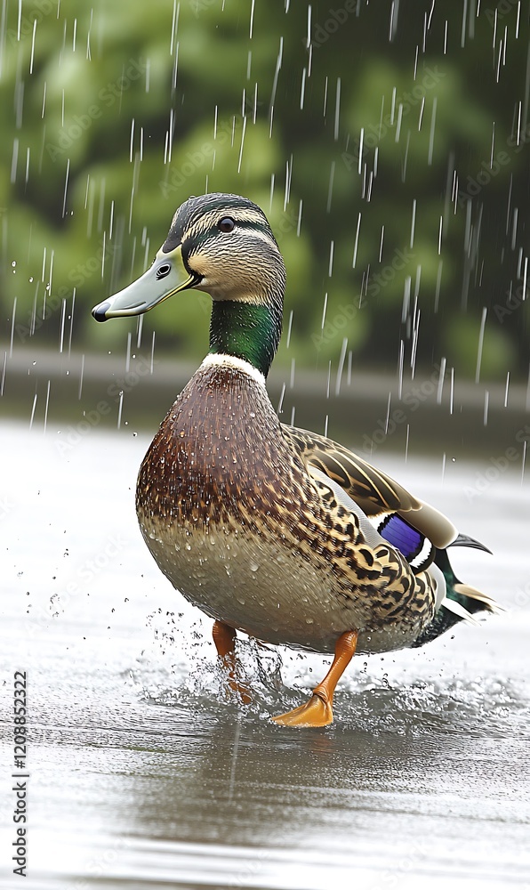 Wall mural Mallard duck walking in rain, water droplets.