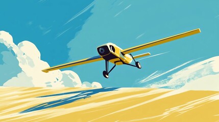 Small drone taking off into a blue sky
