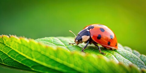 Fototapeta premium Lazy ladybird resting on a green leaf, ladybird, insect, lazy, resting, green, leaf, nature, macro, close-up, wildlife, small, red