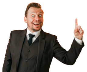 PNG Smiley business man point finger to above photography background portrait.