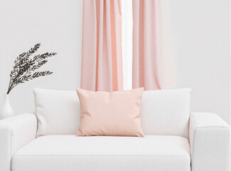 Blank blush pink pillow on a soft white sofa, bathed in the gentle light filtering through sheer curtains. The room is serene and understated, designed to evoke a calm and romantic atmosphere.