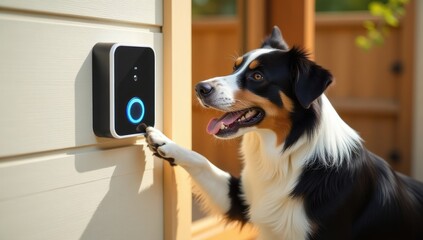 Fototapeta na wymiar Smart Paw-Activated Doorbell with Border Collie Dog. Perfect for showcasing smart pet solutions, emphasizing convenience and innovation, or marketing intelligent home devices for pet owners. 