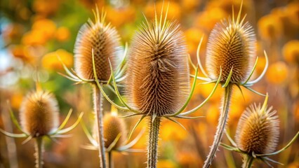 Obraz premium Wild teasel plant with spiky seed pods in autumn , nature, plant, flora, foliage, wild, teasel, thistle, autumn, seasonal, growth