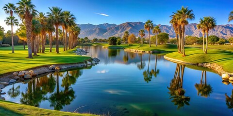 Tranquil water feature on a golf course in Palm Desert, golf course, Palm Desert, water feature, pond, landscaping