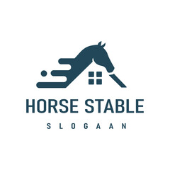 Fast Horse Silhouette Design Illustration with Horse Stable and House Logo Icon Symbol.