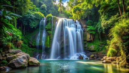 Obraz premium Beautiful waterfall surrounded by lush tropical forest, with water flowing over natural stone rocks , Indonesia, tropical