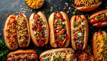 Delicious Variety of Chili Dogs on Dark Background