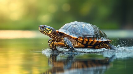 Fototapeta premium Turtle swimming pond sunset nature wildlife