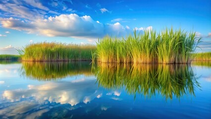 Obraz premium Tall grass emerging from tranquil water reflecting the sky , nature, peaceful, serene, beauty, landscape, environment, wetland