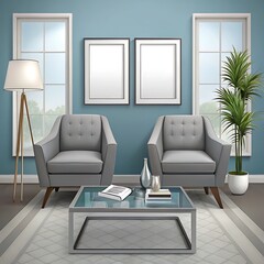 Frame mockup, ISO A paper size Elegant Living Room Design.  Frame mockup, ISO A paper size. Living room wall poster mockup. Interior mockup with house background. Modern interior design. 3D render