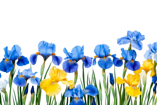 Beautiful arrangement of blue and yellow irises in a vibrant floral display isolated on transparent background